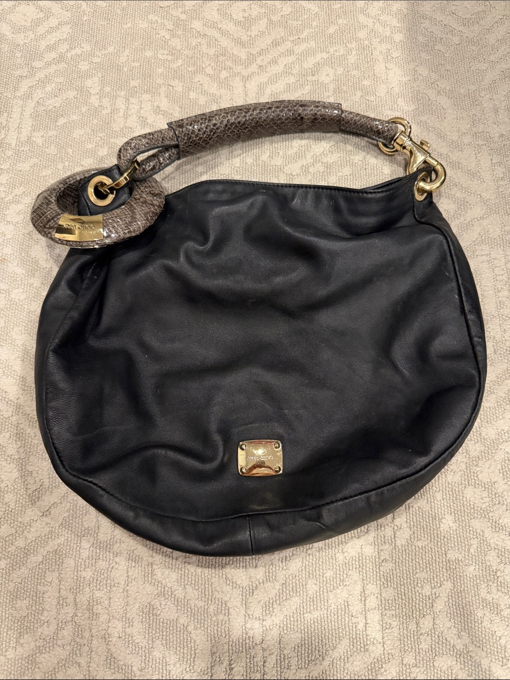 JIMMY CHOO Black Leather Hobo Bag Python Print Handle Gold Hardware